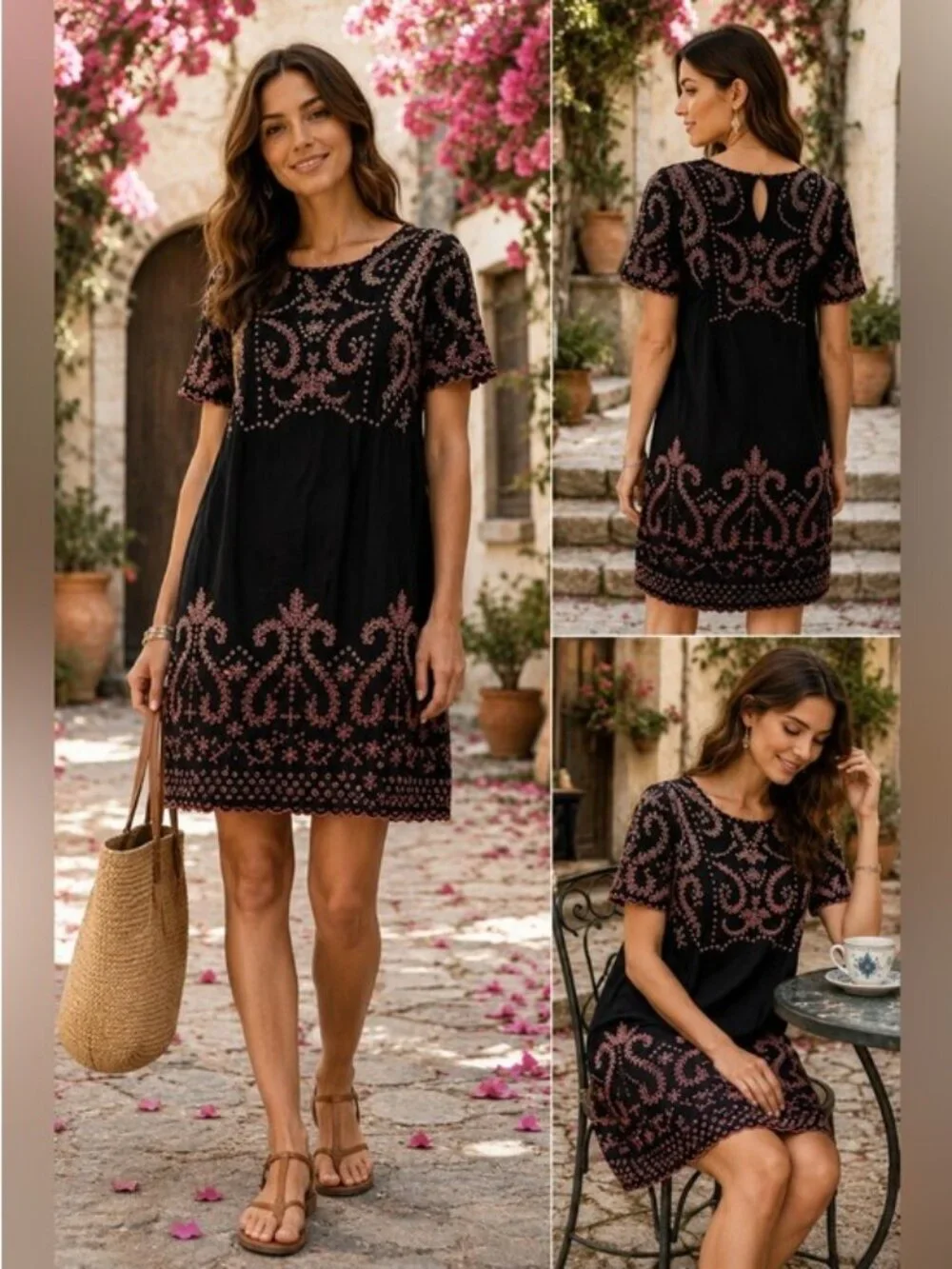 Sundance Black Pink Embroidered  Dress Sz 4 Boho Romantic Cottagecore Fairycore